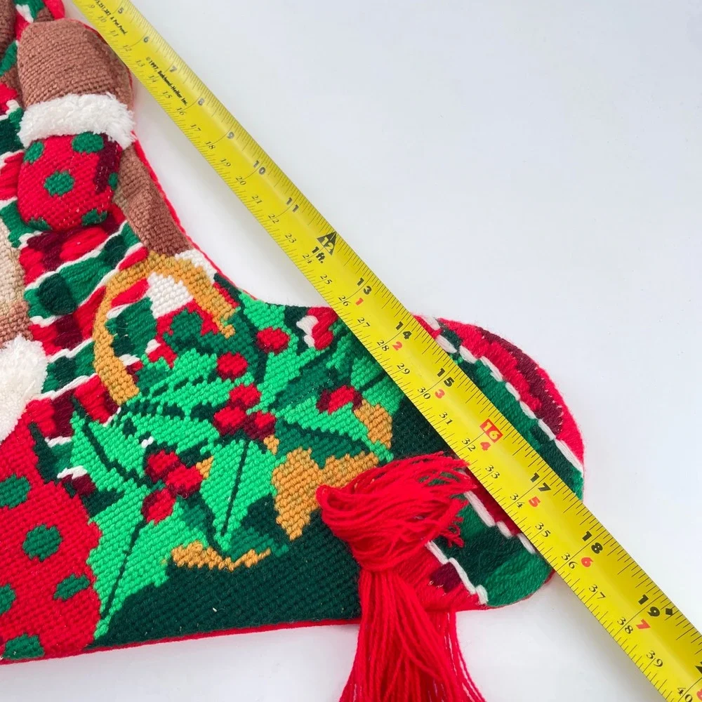 Needlepoint Childs Christmas Stocking Teddy Bear Puffy Red Velvet Tassel 18 Inch